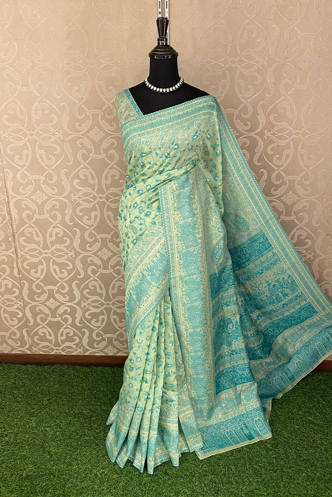 Light Green Pure Kani Handloom Silk Saree With Floral Woven Blouse