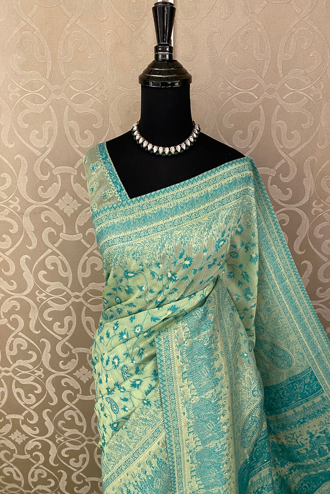 Light Green Pure Kani Handloom Silk Saree With Floral Woven Blouse
