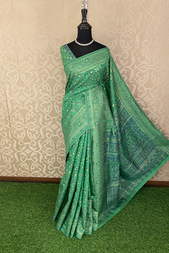 Green Pure Kani Handloom Silk Saree With Floral Woven Blouse