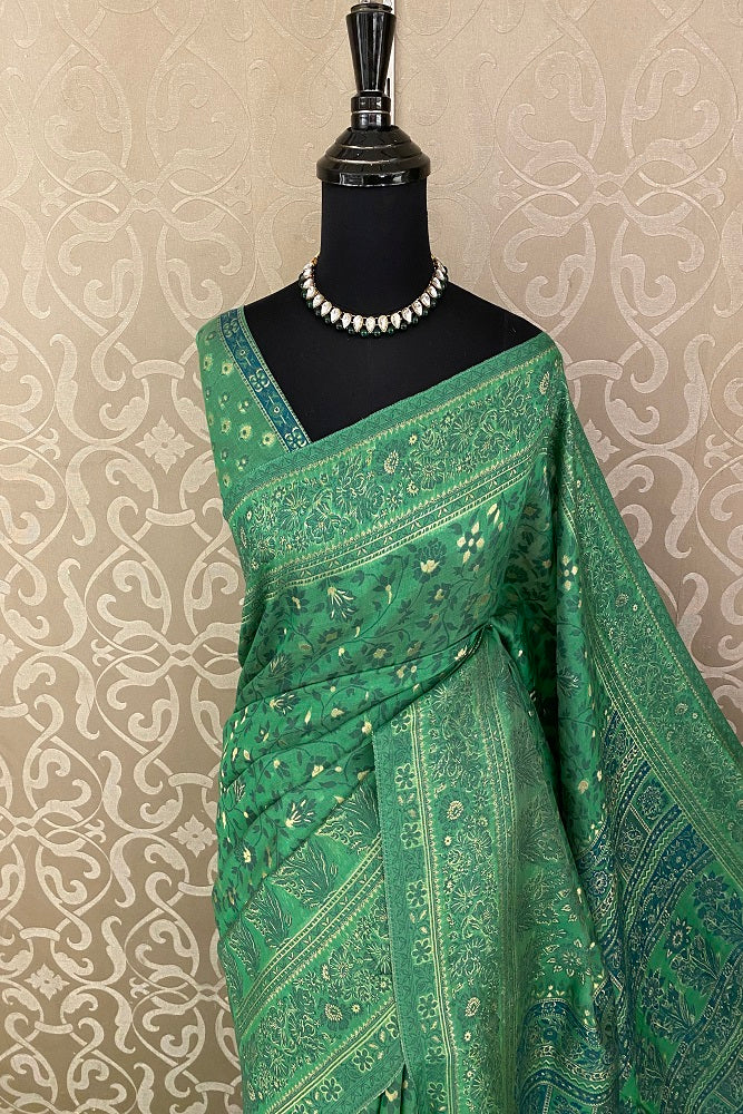 Green Pure Kani Handloom Silk Saree With Floral Woven Blouse