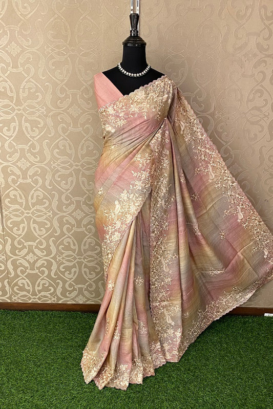 Gold, Pink & Purple Tussar Rangkat Embroidery Saree With Resham Work, With Unstiched Blouse