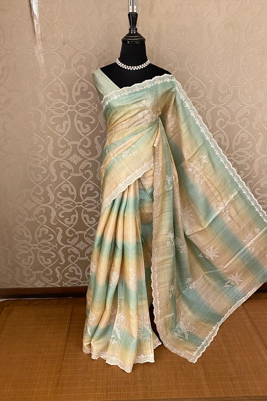 Offwhite & Sea Green Tussar Rangkat Embroidery Saree With Resham Work, With Unstiched Blouse