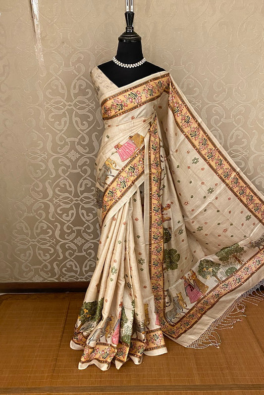 Offwhite Tussar Silk Printed Saree With Aari Work Border, With Unstiched Blouse