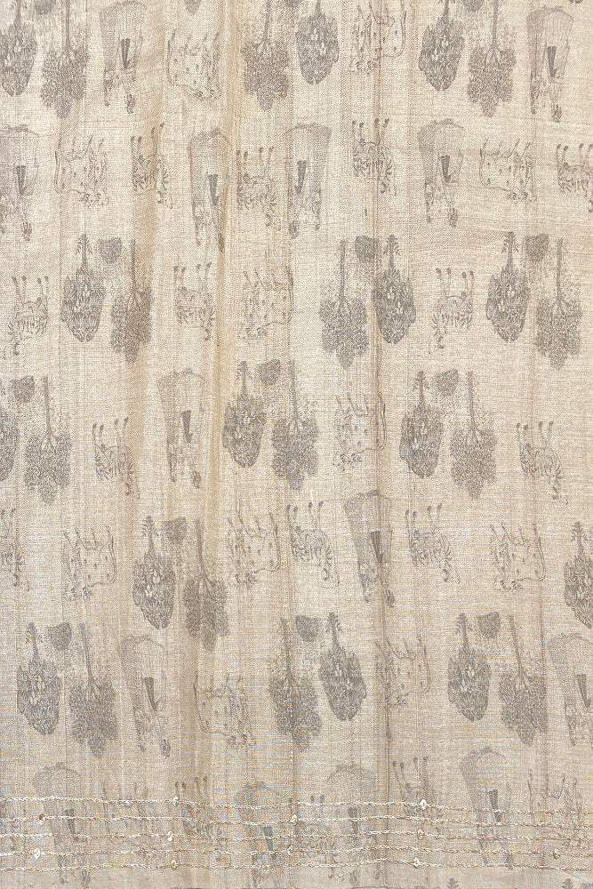 Offwhite Tussar Silk Printed Saree With Aari Work Border, With Unstiched Blouse