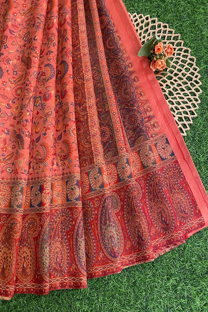 Red Pure Kani Handloom Silk Saree With Floral Woven Blouse