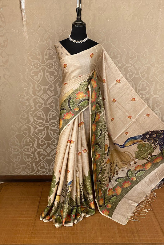 Offwhite Tussar Silk Printed Saree With Aari Work Border, With Unstiched Blouse