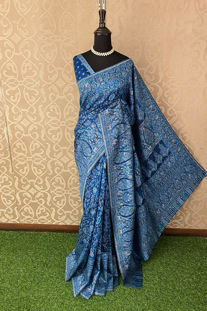 Blue Pure Kani Handloom Silk Saree With Floral Woven Blouse