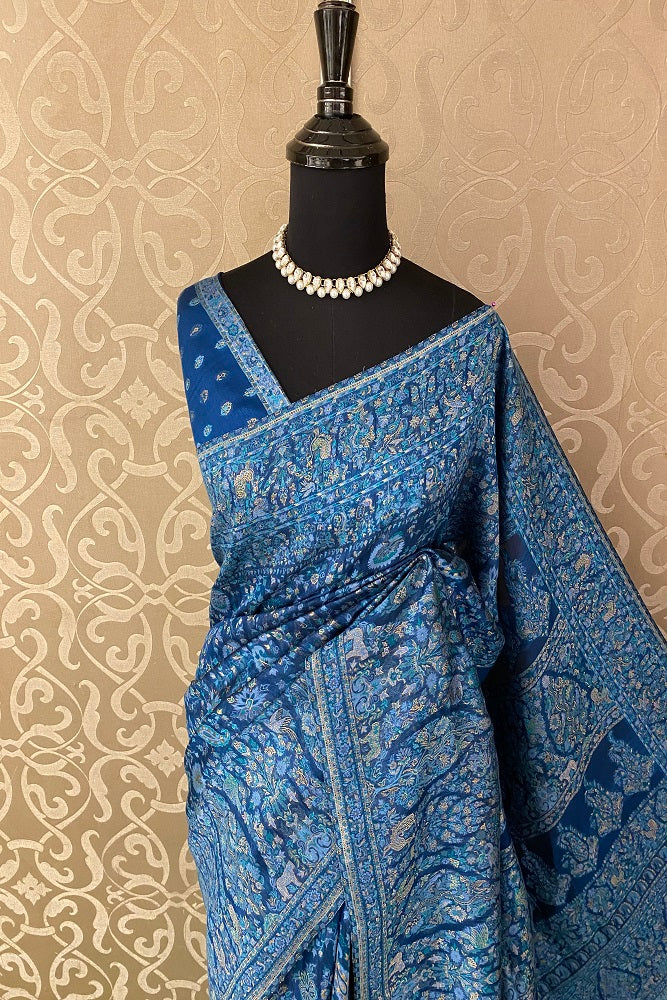 Blue Pure Kani Handloom Silk Saree With Floral Woven Blouse