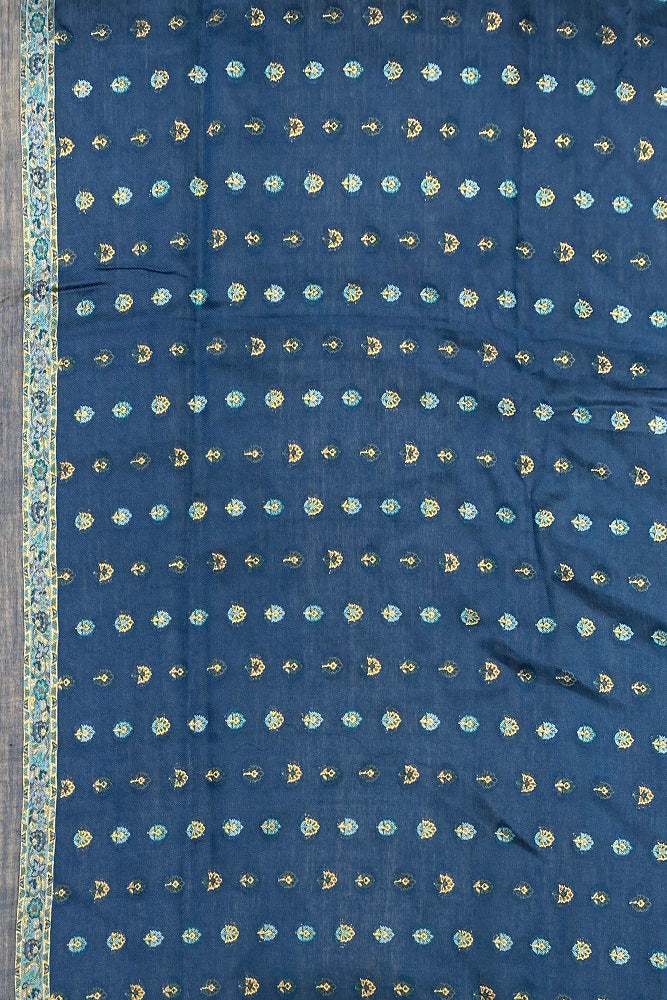 Blue Pure Kani Handloom Silk Saree With Floral Woven Blouse