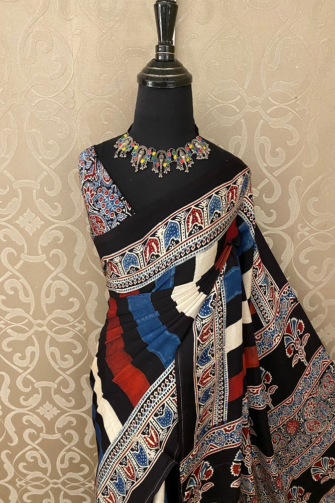 Multi Pure Modal Silk Ajrakh Printed Saree With Blouse