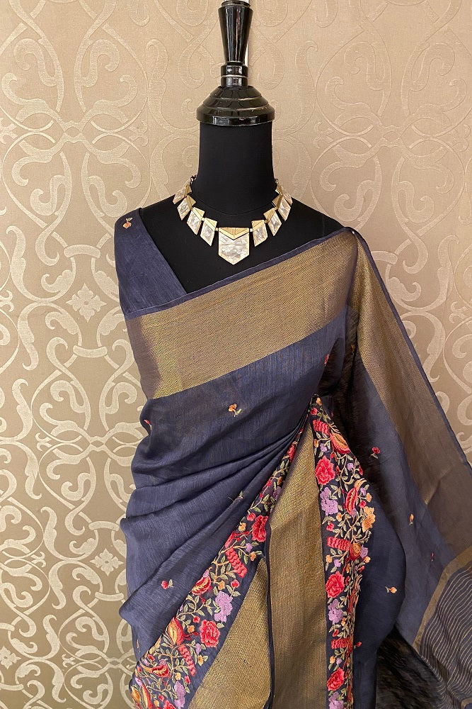 Grey Linen Silk Saree Hand Embroidered Work, With Blouse Piece