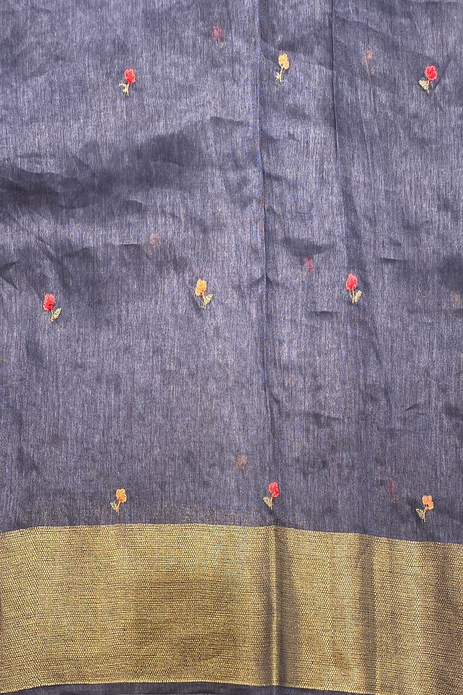 Grey Linen Silk Saree Hand Embroidered Work, With Blouse Piece