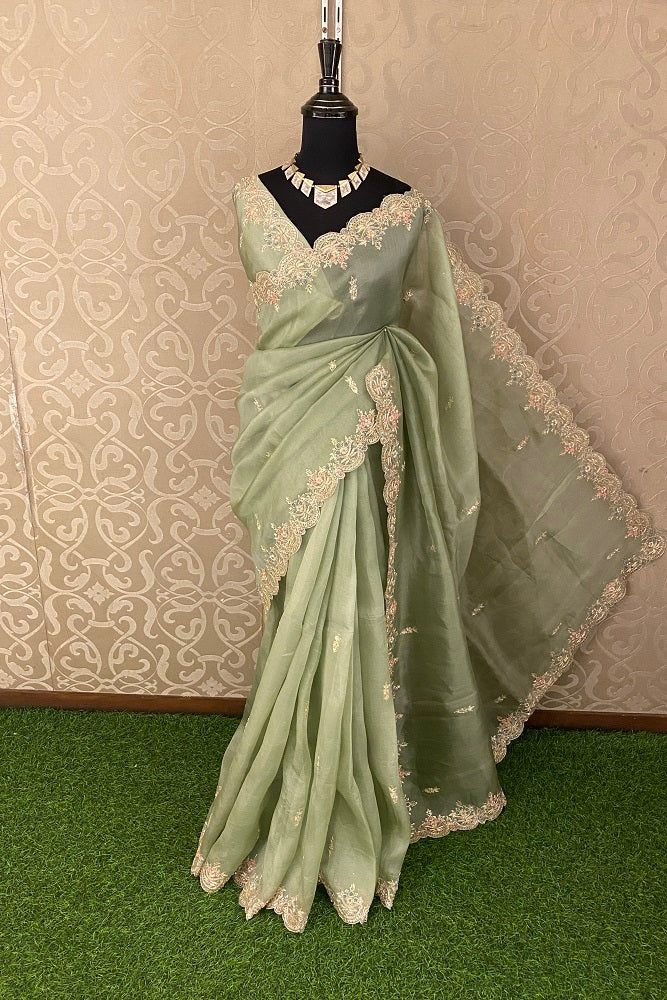 Olive Green Organza Silk Embroidery Party Wear Saree With Blouse Piece