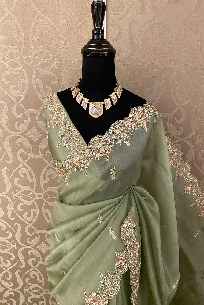 Olive Green Organza Silk Embroidery Party Wear Saree With Blouse Piece
