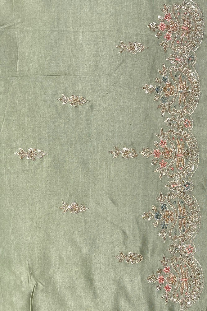Olive Green Organza Silk Embroidery Party Wear Saree With Blouse Piece