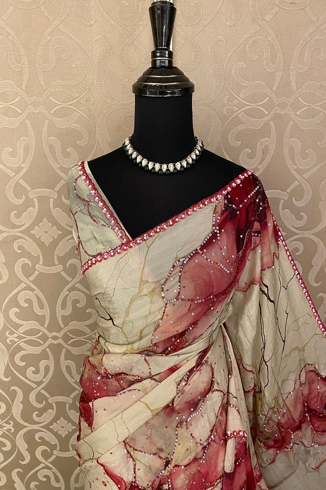 Offwhite Red Crepe Silk Embroidery Party Wear Saree With Blouse Piece