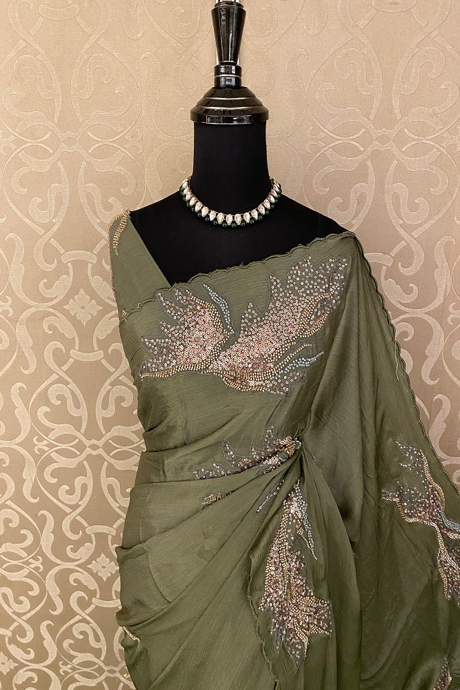Olive Green Red Crepe Silk Embroidery Party Wear Saree With Blouse Piece