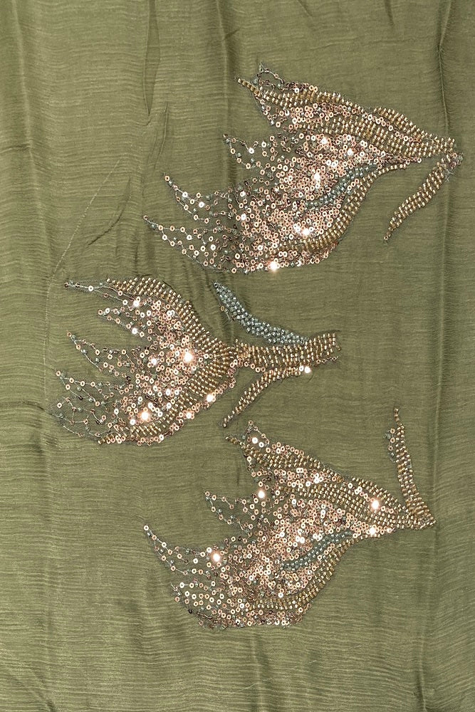 Olive Green Red Crepe Silk Embroidery Party Wear Saree With Blouse Piece