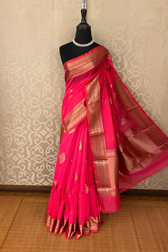Rani Pink Chanderi Silk Saree Zari Butas With Blouse Piece