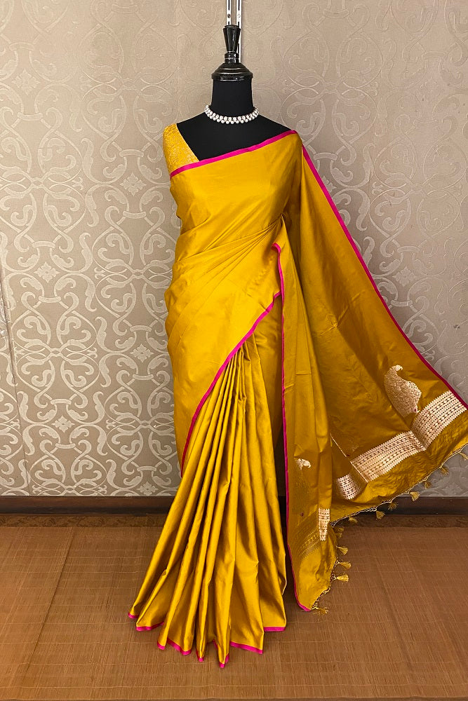 Yellow Mashru Silk Banarasi Kadwa Handloom Saree Without Border