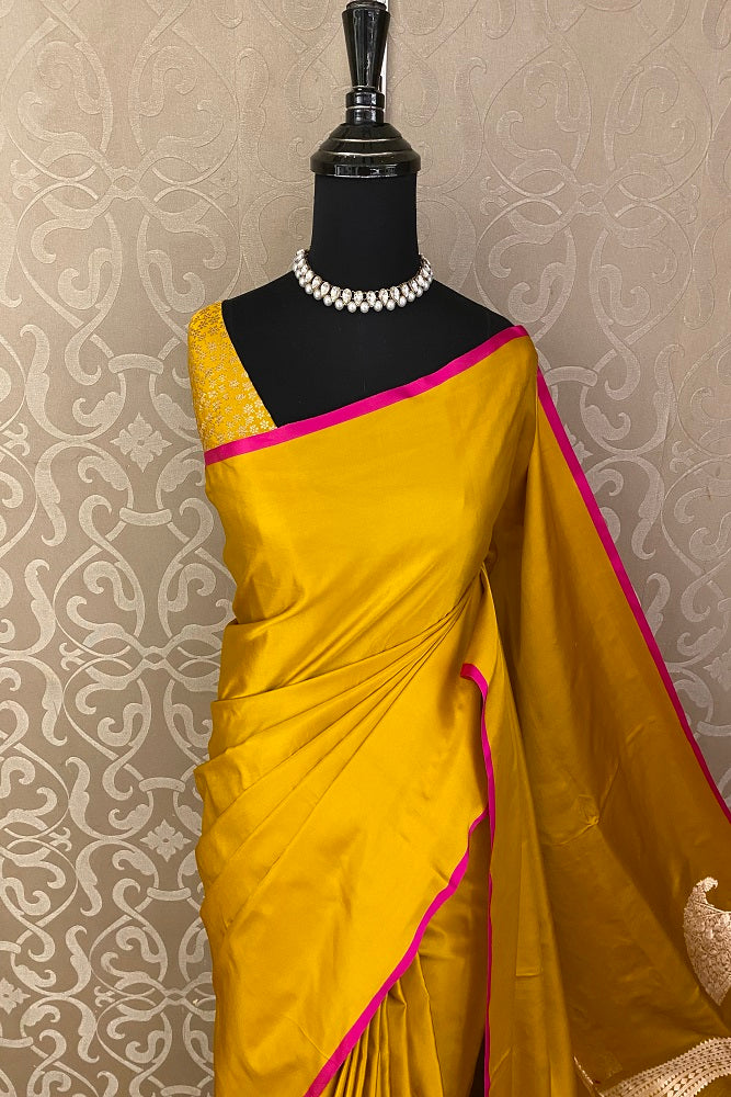 Yellow Mashru Silk Banarasi Kadwa Handloom Saree Without Border