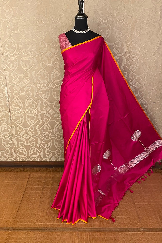 Rani Pink Mashru Silk Banarasi Kadwa Handloom Saree Without Border
