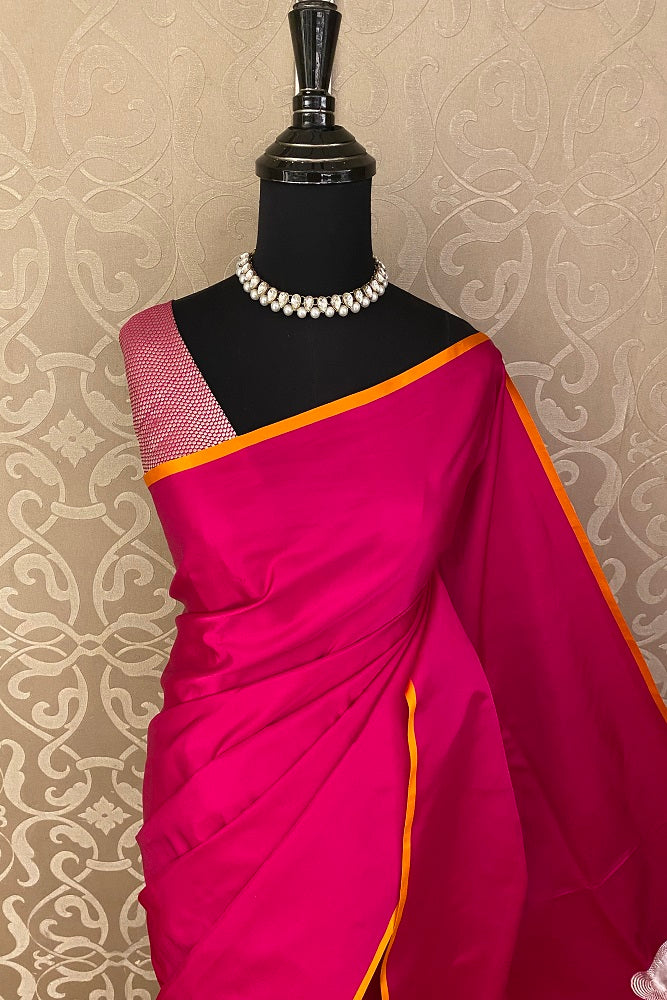 Rani Pink Mashru Silk Banarasi Kadwa Handloom Saree Without Border