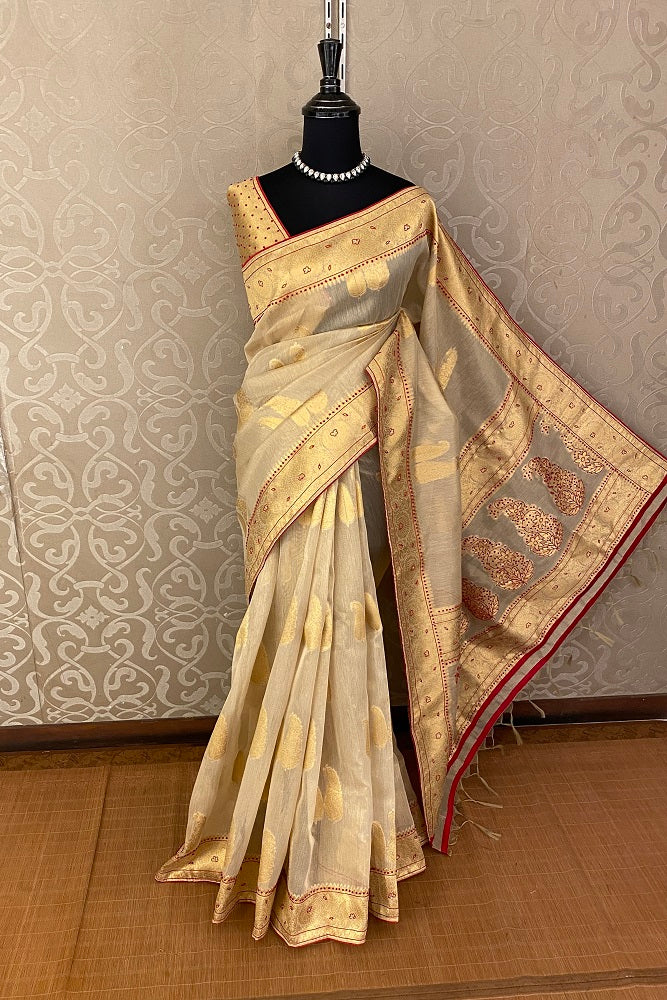 Gold Tissue Kota Saree Hand Embroidery Work, With Blouse Piece
