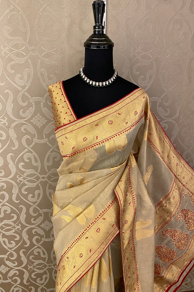 Gold Tissue Kota Saree Hand Embroidery Work, With Blouse Piece