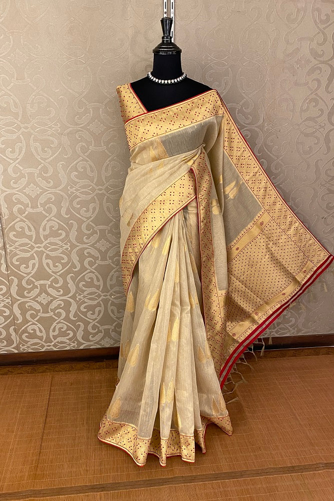 Gold Tissue Kota Saree Hand Embroidery Work, With Blouse Piece