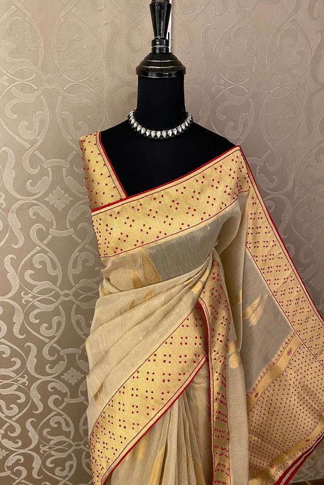 Gold Tissue Kota Saree Hand Embroidery Work, With Blouse Piece