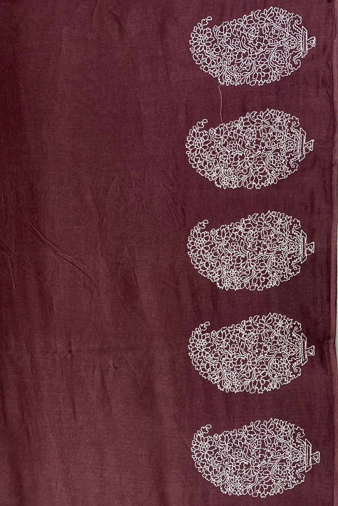 White and brown printed organza party wear saree with pita zari border and unstiched blouse by Saarang Sarees.