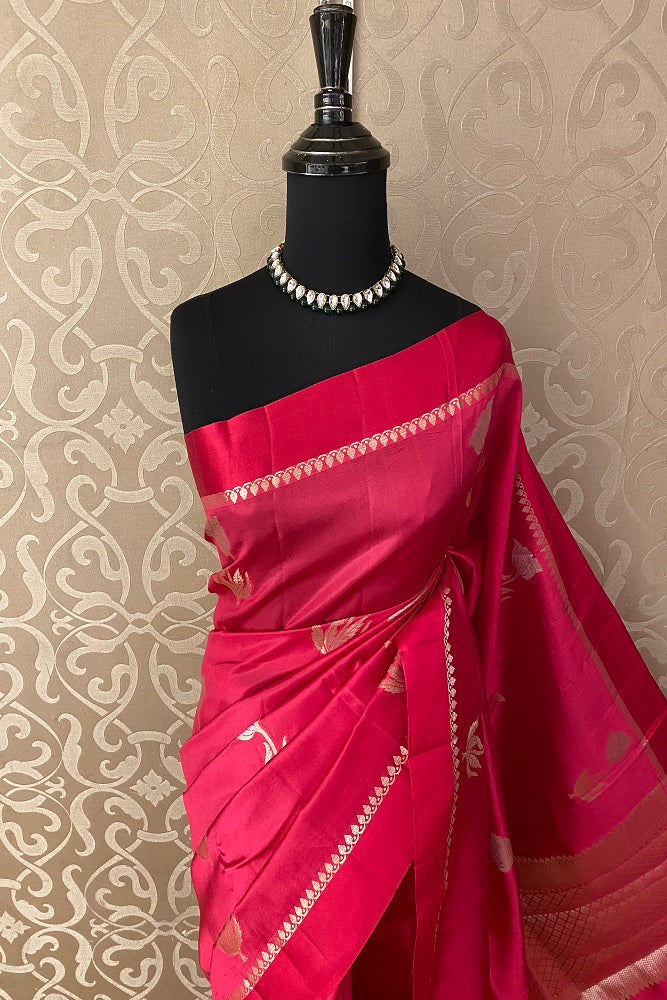 Redish PInk Chiniya Silk Saree Hand Woven Butas With Blouse