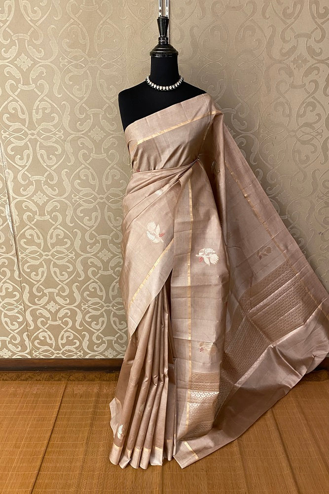 Rose Gold Chiniya Silk Saree Hand Woven Butas With Blouse