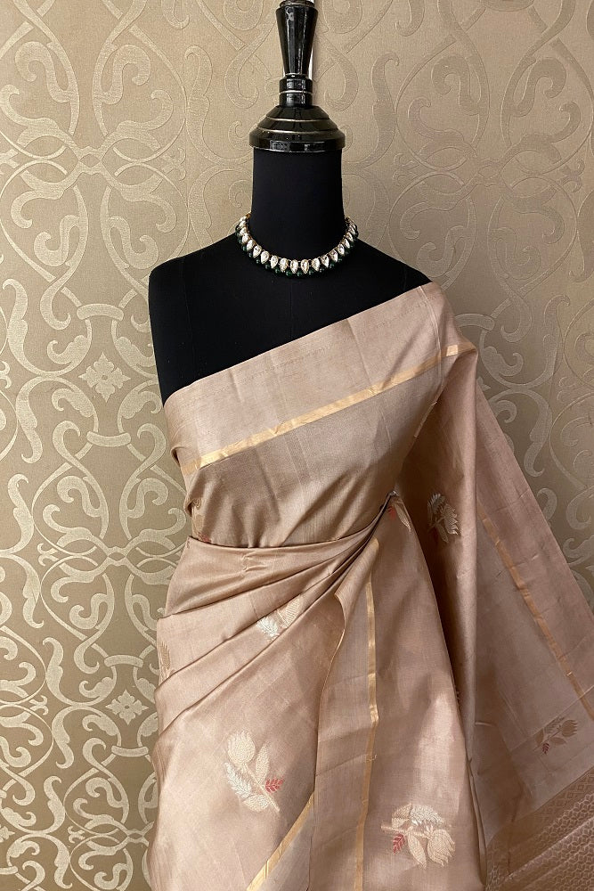 Rose Gold Chiniya Silk Saree Hand Woven Butas With Blouse