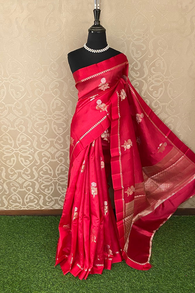 Red Chiniya Silk Saree Hand Woven Butas With Blouse