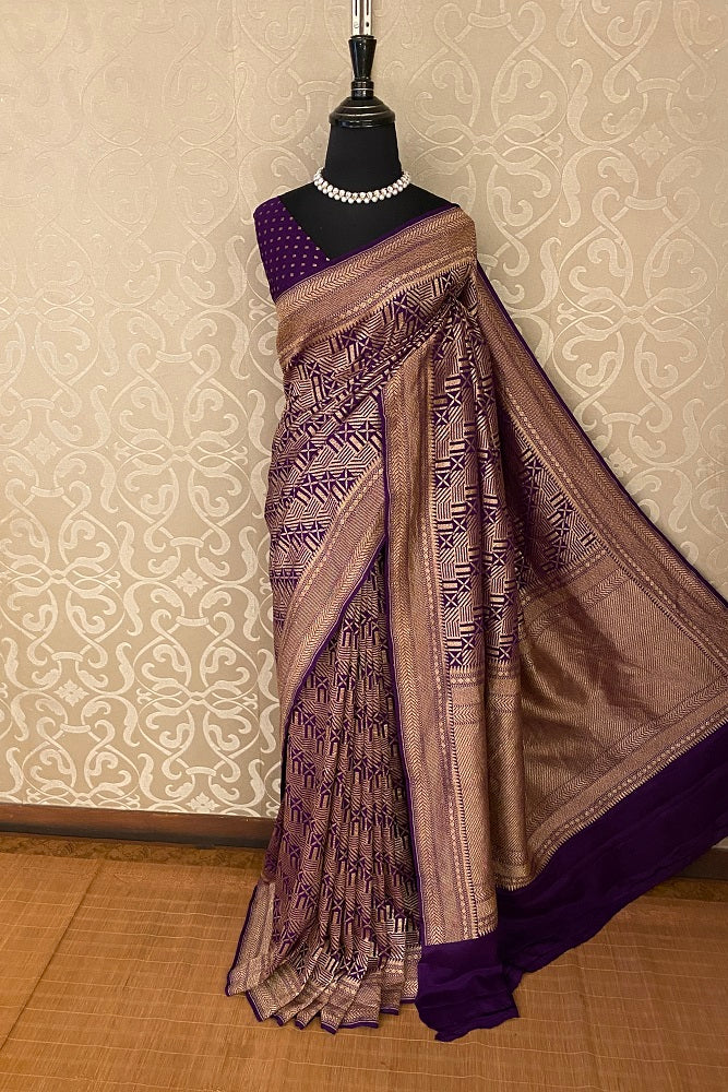 Purple Georgette Banarasi Khaddi Work Saree With Blouse piece.
