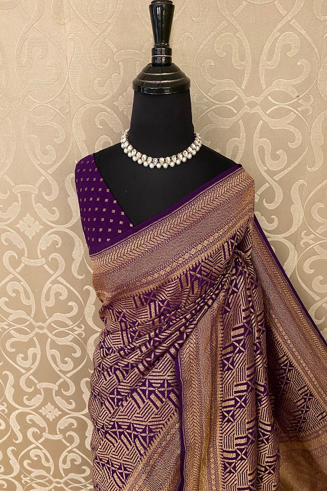 Purple Georgette Banarasi Khaddi Work Saree With Blouse piece.