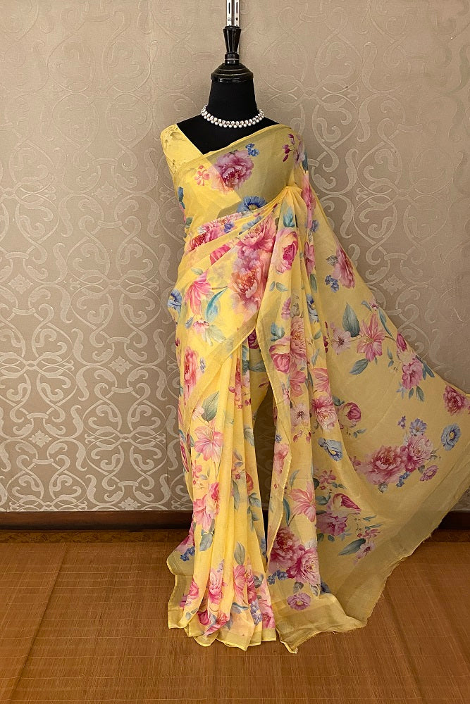 Yellow Floral Printed Chiffon Saree With Blouse Piece