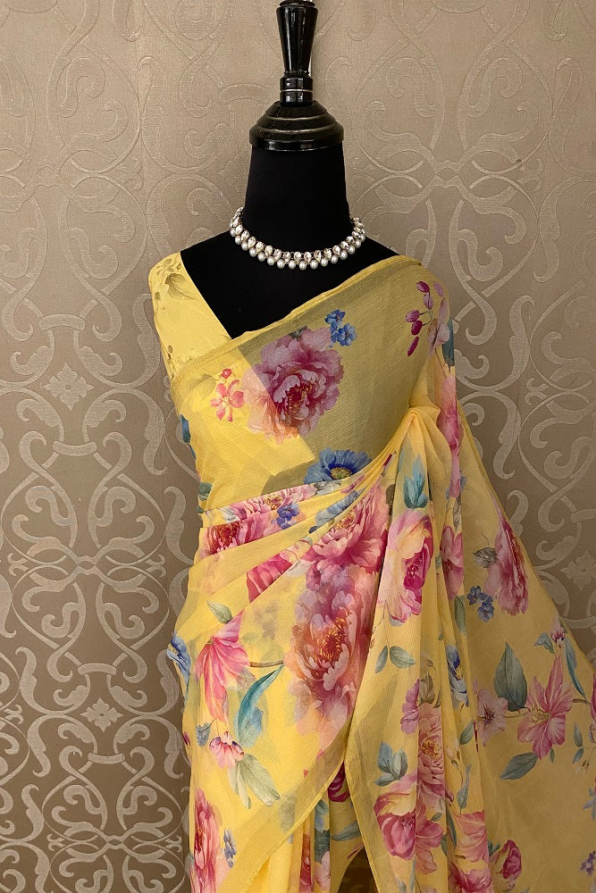 Yellow Floral Printed Chiffon Saree With Blouse Piece