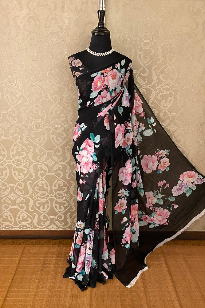 Black Floral Printed Chiffon Saree With Blouse Piece