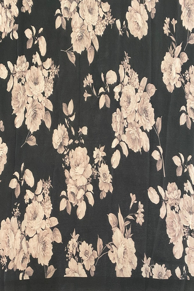 Black Floral Printed Chiffon Saree With Blouse Piece