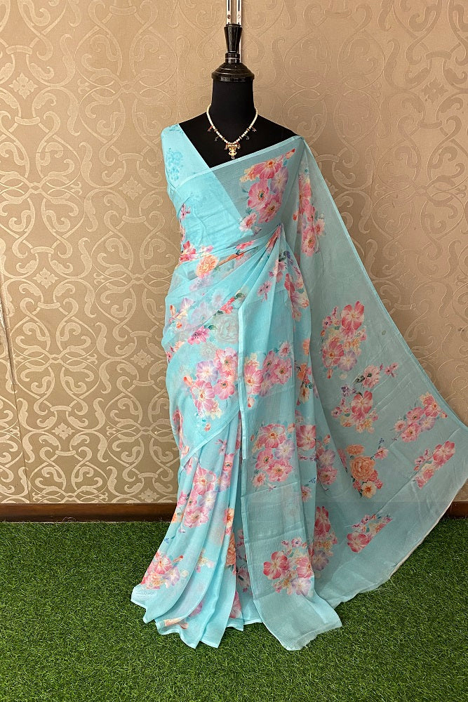 Sky Blue Floral Printed Chiffon Saree With Blouse Piece