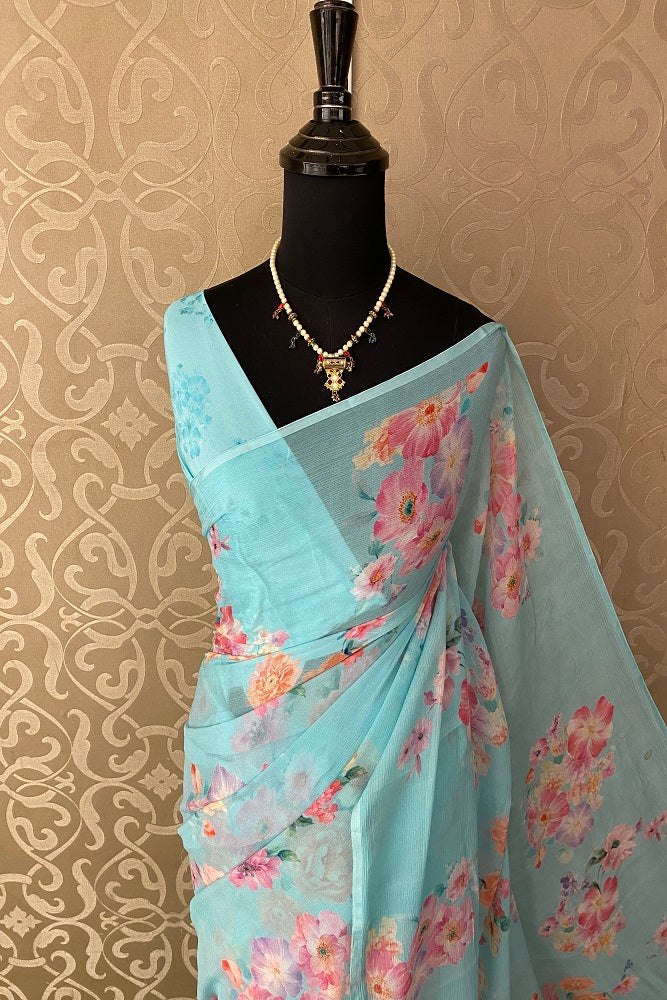 Sky Blue Floral Printed Chiffon Saree With Blouse Piece