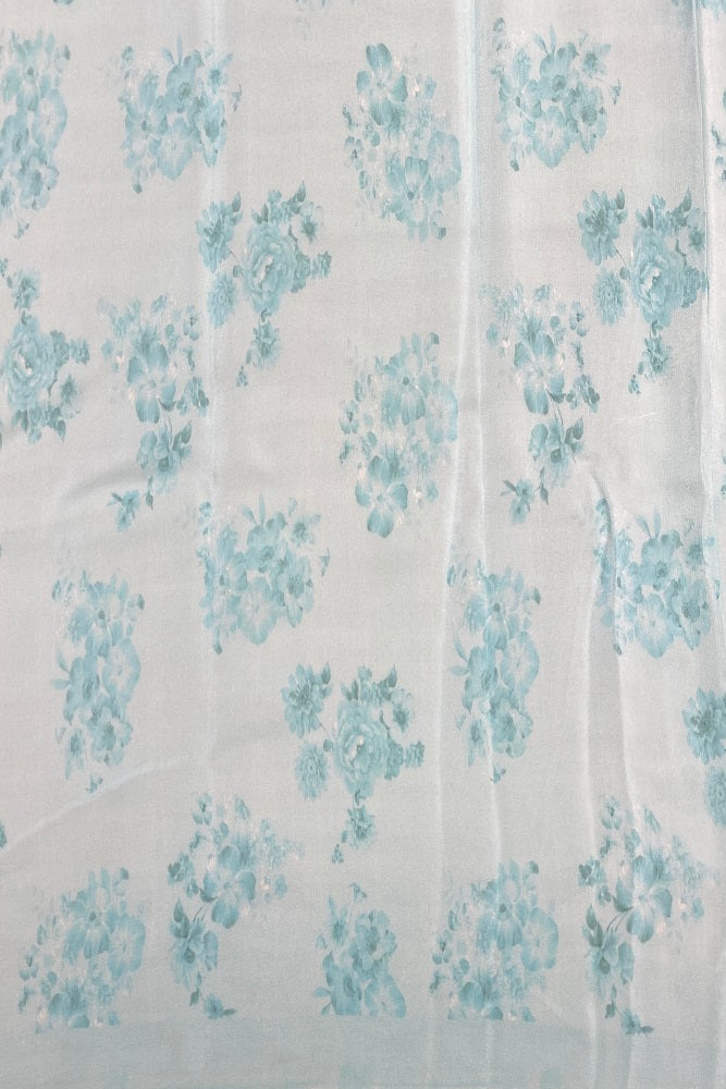 Sky Blue Floral Printed Chiffon Saree With Blouse Piece
