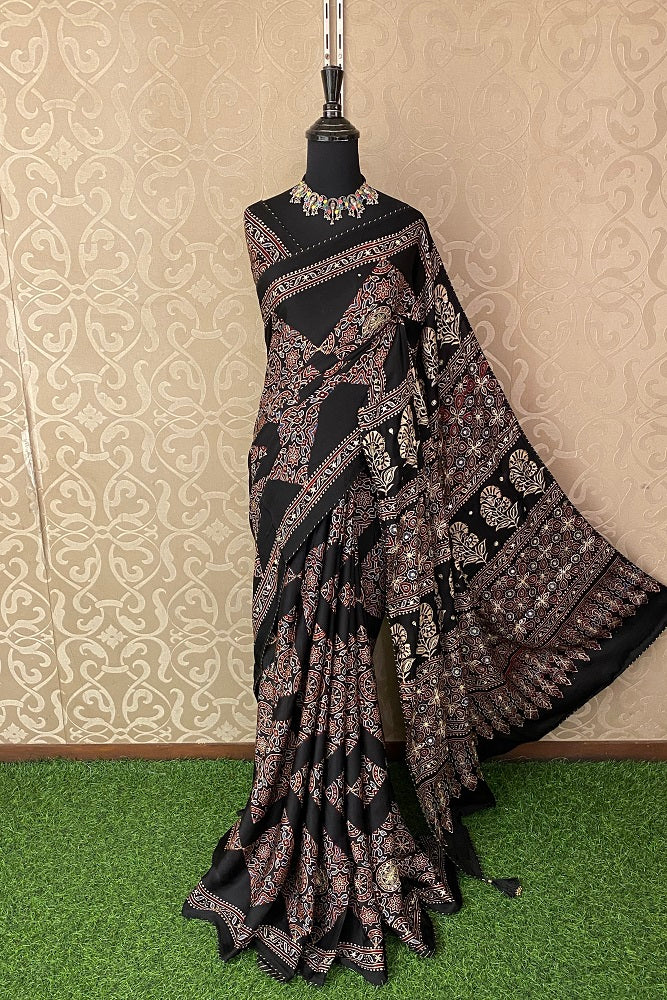 Black Pure Modal Silk Ajrakh Printed & Embroidery Work Saree, With Blouse
