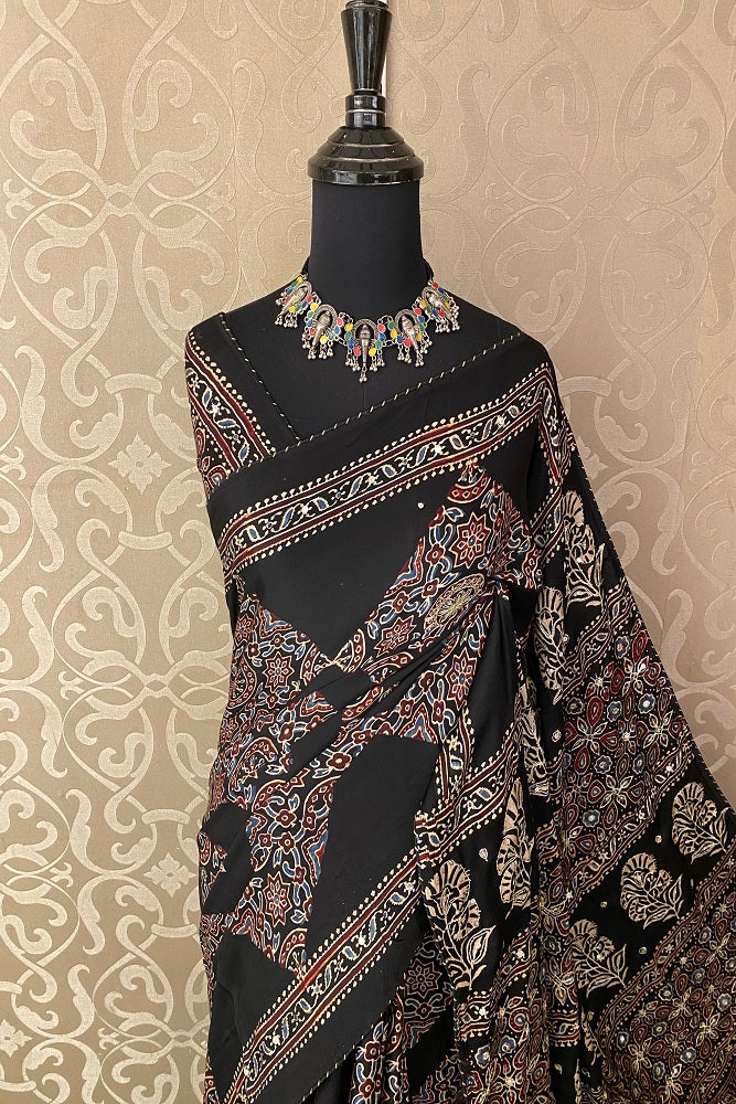 Black Pure Modal Silk Ajrakh Printed & Embroidery Work Saree, With Blouse