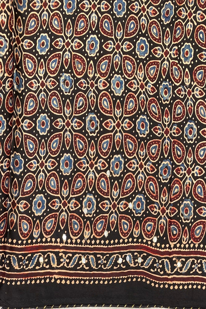 Black Pure Modal Silk Ajrakh Printed & Embroidery Work Saree, With Blouse