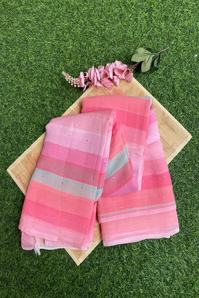 Multi Stripe Printed Chiffon Saree With Blouse Piece