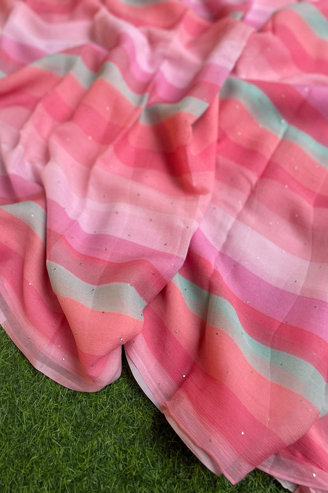 Multi Stripe Printed Chiffon Saree With Blouse Piece